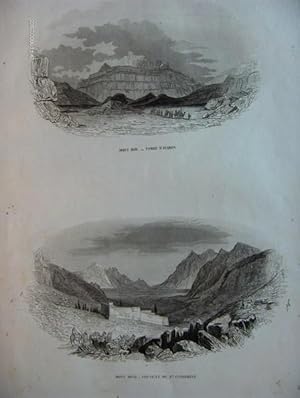 Gravure XIXe siècle : Deux vues : Mont Hor-Tombe d'Isaron - Mont Sinaï-Couvent de Ste Catherine. ...