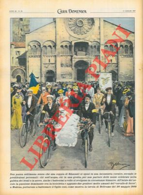 Ripetizione di una tavola di Beltrame del 1900 : a Modena, battesimo in bicicletta.