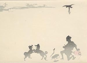 Japanese Notecard Print Showing Silhouette of Man and Two Fighting Dogs While Hawk Carries Away Fish