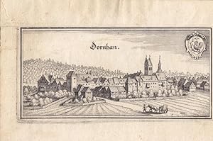 Dornhan, OA. Sulz / Württemberg. Gesamtansicht, vorn Bauer mit Gespann, rechts oben Wappen. Kupfe...