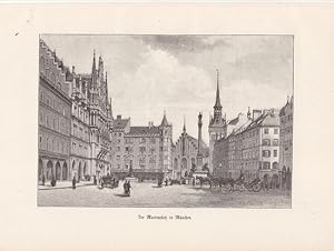 München. Schöne Ansicht vom Marienplatz mit Passanten und Fiakern. Holzstich um 1880. Reine Bildg...