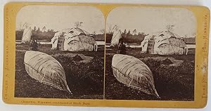 Original Stereo View. "736 Chippeway Wigwams Constructed of Birch Bark" and Canoe.