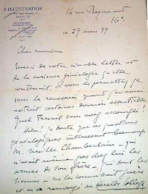 Très belle lettre manuscrite et signée J. COUDURIER DE CHASSAIGNE. Lettre de remerciement pourle ...