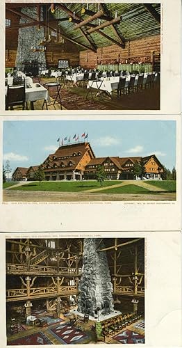 Three Postcards Showing Interior and Exterior of Old Faithful Inn, Yellowstone National Park, Wyo...