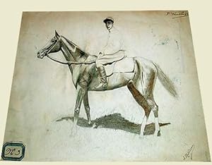 Très beau dessin mine de plomb début XX éme représentant le jokey P Woodland sur un cheval. Signé...