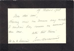 Petite Carte manuscrite de HARAUCOURT (Edmond) destinée à P. HERVIEU, datant de 1908. Mon cher am...