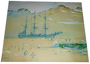 Aquarelle originale signée F.Janou, non datée represent une expédition polaire , bateau, pinguoins.