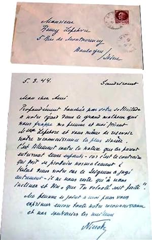 Lettre autographe du Comte NIEROTH adressée à Monsieur Rémy LEFEBVRE Sont profondément touchés du...