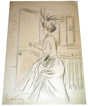 Dessin original crayon époque Art-Nouveau représentant une femme frappant à une porte. Signé COUT...