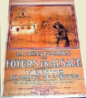 Affiche lithographie signée BENNER Many. La Renaissance des Foyers en Alsace