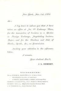 Engraved advertising letter, announcing his office in New York City for the transaction of busine...