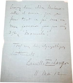 Télégramme autographe signé de ERLANGER (Camille) adressée à la cantatrice Lucy Vauthrin, le 11 m...