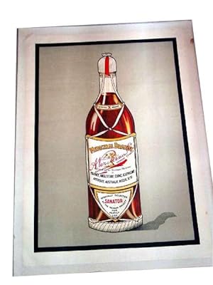 Affiche lithographie en couleurs (entoilée) Représentant une bouteille encadrée Medicinal. Brandy...