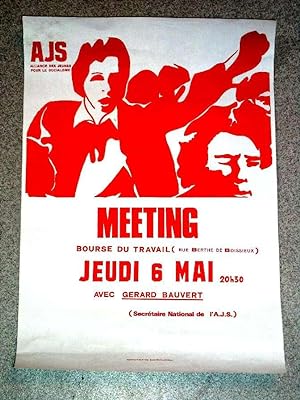 Affiche Illustrée des années 70, MEETING Jeudi 6 mai avec Gérard BAUVERT (Secretaire national de ...