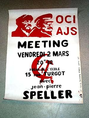 Affiche des années 70 - OCI-AJS MEETING Vendredi 2 mars 20 H 30 préau de l'école 15 rue Turgot av...