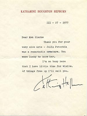 Typed Letter Signed by Katharine Hepburn (1907-2003).