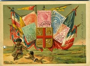 Bognard Paris trade card with Pacific islanders & Australian crest and stamps of colonies