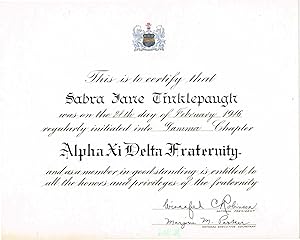 Alpha Xi Delta Fraternity (Sororiety) Gamma Chapter Initiation Certificate for Sabra Jane Tinklep...