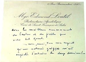 Carte autographe ecrite par Monseigneur Edmond LOUTIL , il remercie un pasteur et ses fidèles pou...