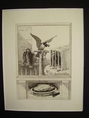 La Fontaine, fables, Le faucon et le chapon. Gravure originale à l'Eau Forte sur papier Vergé