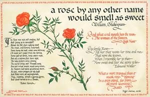 A calligraphic panel on vellum with a watercolor of a stem of roses surrounded by poems and verse...