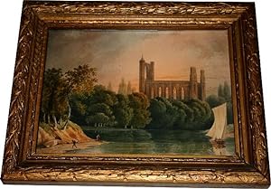 Belle aquarelle ancienne paysage avec une église et un bateau à voile . Non signée non datée( XIX...