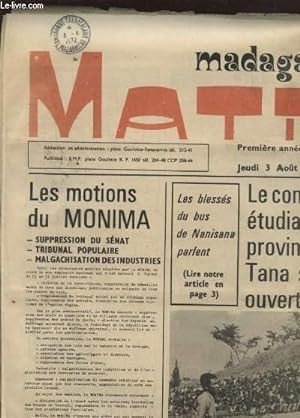 MADAGASCAR MATIN N°57 : LES MOTIONS DU MONIMA - L AKFM LE FISEMA LE FTDM ET LE FM D ACCORD SUR PL...
