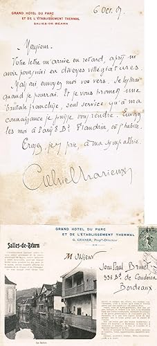 Lettre autographe signée, datée du 6 octobre 1901 sur papier à en-tête du Grand hôtel du parc et ...