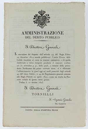 AMMINISTRAZIONE DEL DEBITO PUBBLICO. Torino, 10 ottobre 1823.: