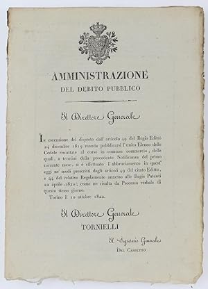 AMMINISTRAZIONE DEL DEBITO PUBBLICO. Torino, 10 ottobre 1822.: