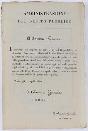 AMMINISTRAZIONE DEL DEBITO PUBBLICO. Torino, 10 aprile 1822.: