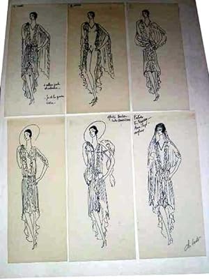 Lot de 6 dessins à l'encre de chine sur papier calque représentant des costumes de théâtre Gladii...