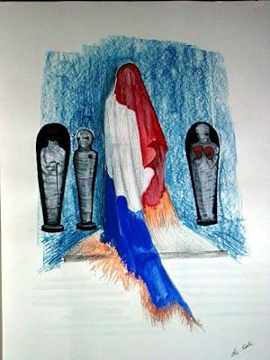 Très belle gouache originale représentant un drapeau français entouré de trois momies une avec de...