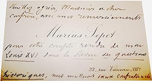 Carte de visite autographe signée de Maruis Sepet adressée à Léonce PINGAUD, historien remercieme...