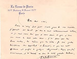 Lettre autographe à entête de la Revue de Paris signée André Rivoire adressée à un ami. Lettre de...