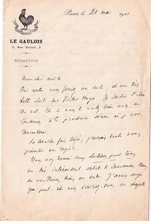 Lettre Autographe à entête du Gaulois, en date du 21 Mai 1911, signée René Doumic au sujet de sui...