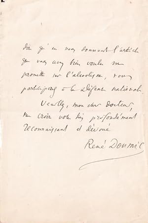 Lettre Autographe signée René Doumic à un Docteur, au sujet dun article sur lalcoolisme.