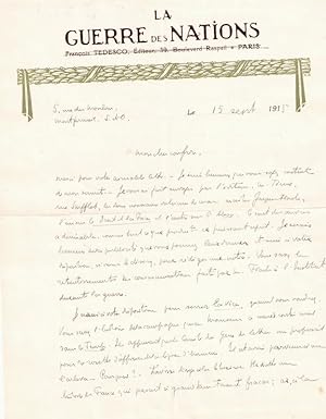 Lettre autographe signée de Frantz FUNCK-BRENTANO, à entête de La Guerre des Nations, en date du ...