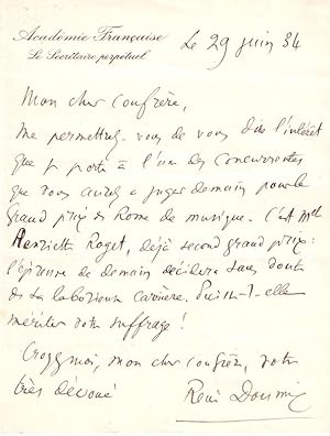 Lettre Autographe à entête de lAcadémie Française signée René Doumic, datée du 29 juin 1934 adre...