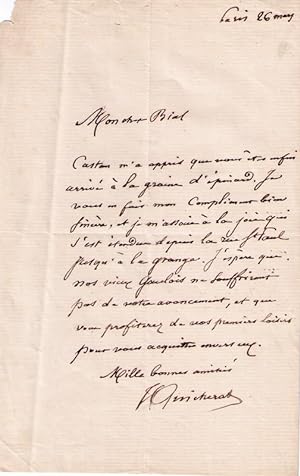 Lettre autographe signée Jules Quicherat, adressée à Biot le 26 Mars. Mon cher Biot, Gaston ma a...