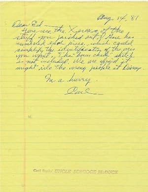 Original Cartoon Art. Carl Barks Autograph Letter Signed, on yellow lined paper rubber stamped "C...