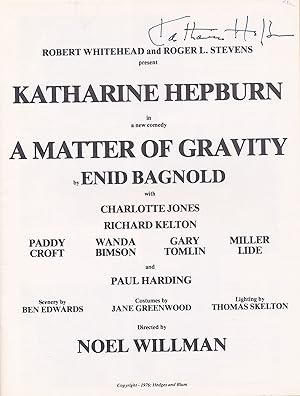 Presentation program for "A Matter of Gravity" by Enid Bagnold, NY, 1976