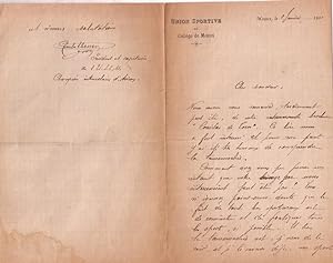 Lettre autographe à entête de l'Union Sportive du Collège de Meaux, signée de Charles Ebener à C...