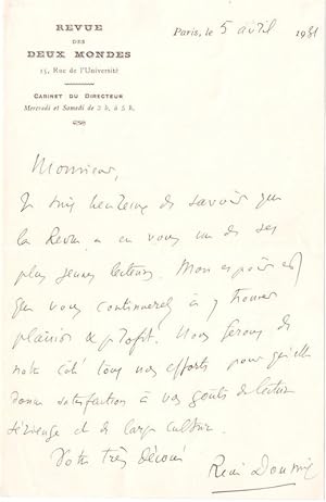 Lettre Autographe À Entête De La Revue Des Deux Mondes Signée René Doumic En Date Du 5 Avril 1931...