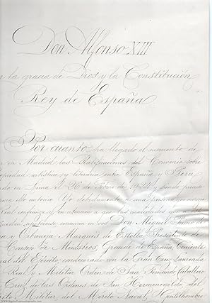 Finely penned document, in Spanish with translation, signed 'Alfonso RH', (1886-1941, King of Spa...
