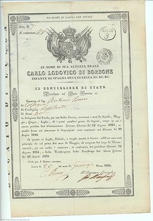 Permit, in Italian with translation, to carry a hunting rifle, (1799-1883, King of Etruria 1803-1...