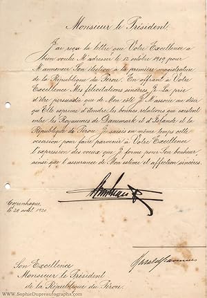 Finely penned document signed, in French with translation, (1870-1947, from 1912 King of Denmark)
