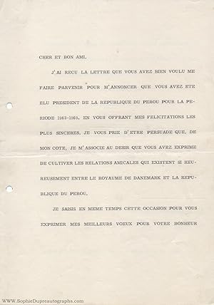 Finely typed document signed, in French with translation, (1899-1972, from 1947 King of Denmark)
