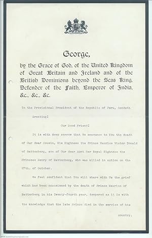 Finely typed document signed, in English, (1865-1936, from 1910 King of Great Britain)