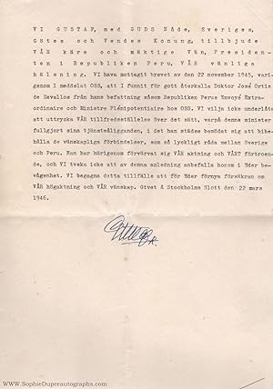 Finely typed document signed, in Swedish with translation, (1858-1950, from 1907 King of Sweden)
